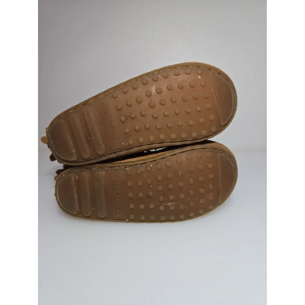 Minnetonka Kids Size 6 Double Fringe Moccasins Bootie Brown Leather Side Zipper